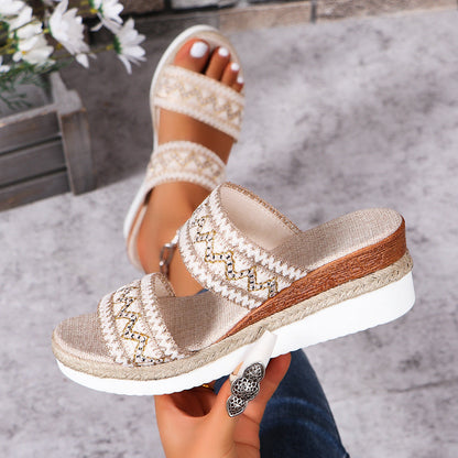 Womens Wide Linen Strap Ethic Sandals