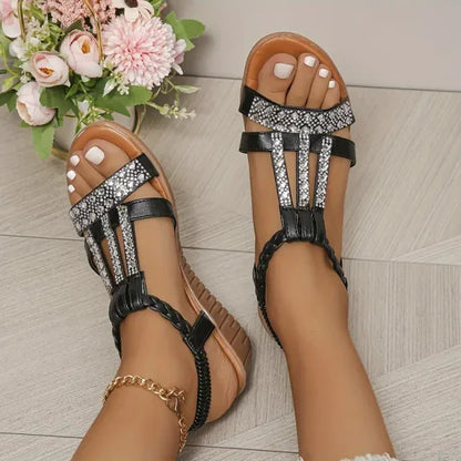 Bohème Frauen Keilabsatz Strass Kristall Riemchensandalen