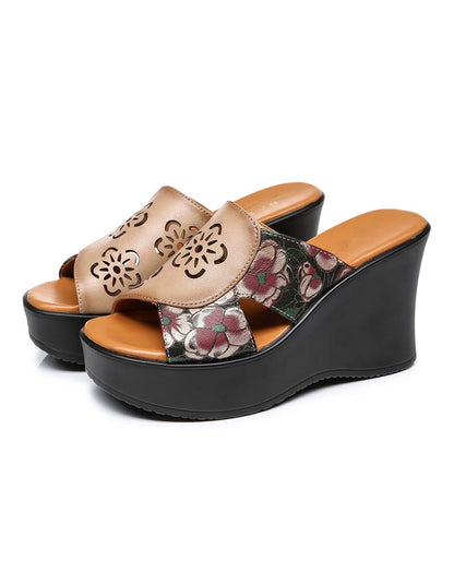 Ethnic Style Printed Leather Fish-Toe Wedge Slippers May Shoes Collection 2022 75.50