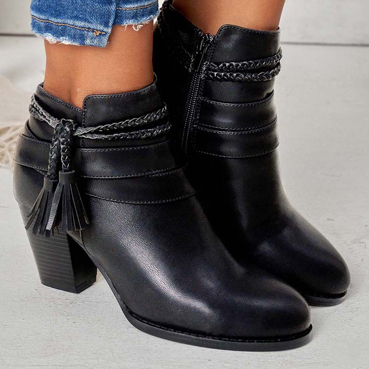 Western Tassel Chunky Block Heel Ankle Boots Side Zipper Booties Oshnow